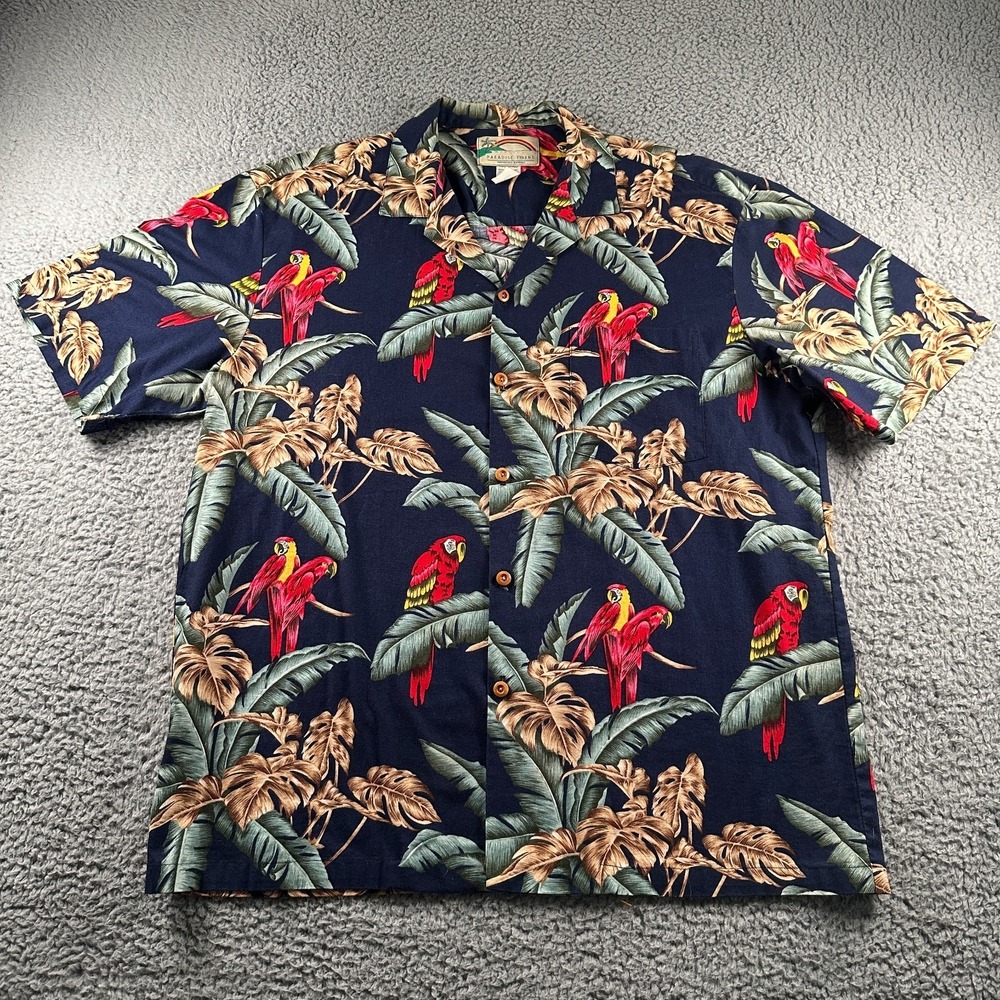 Vintage Paradise Found Shirt Mens L Blue Jungle Bird Parrot Magnum PI Hawaiian